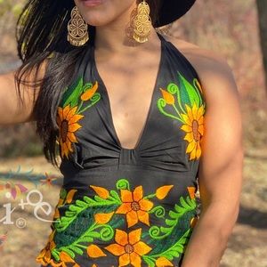 Sunflower Embroidered Halter Mexican Top Blouse